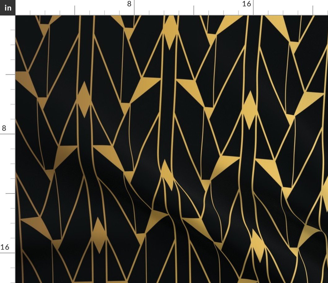 Faux Foil Gold and Black Retro Vintage Art Deco Geometric Open Triangle Pattern Fabric