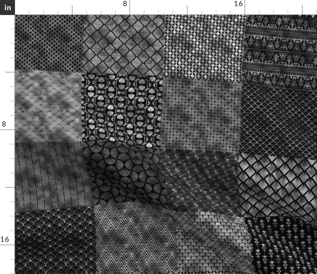Faux Silver Foil  and Black Vintage Art Deco Quilt Pattern Fabric