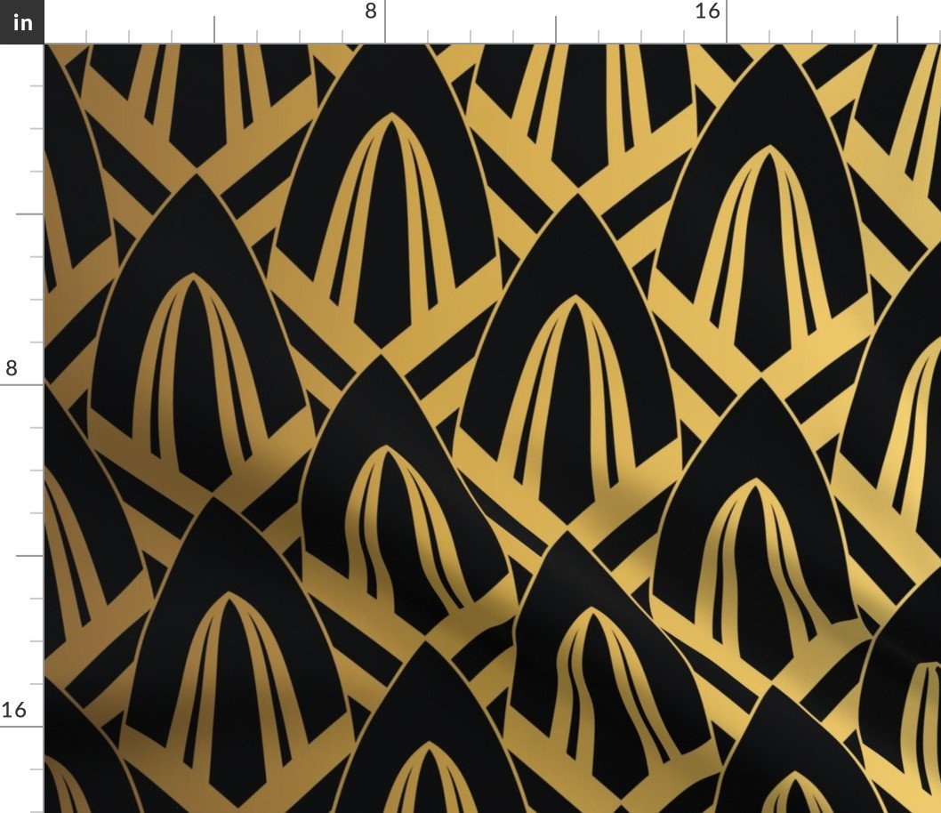 Faux foil gold on Black Retro Vintage Art Deco Geometric Cross-Hatched Cone Pattern Fabric