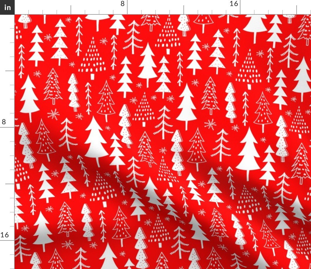 Festive Doodles of White Christmas Trees with Snow  on Christmas Velvet Red Fabric