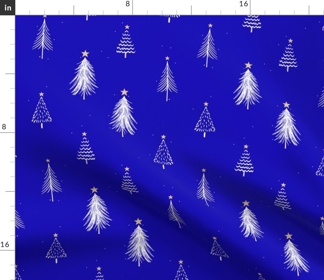 Festive Sketches of White Christmas Trees with Snow and Gold Stars on Royal Blue Fabric Festive Sketches of White Christmas Trees with Snow and Gold Stars on Royal Blue Fabric