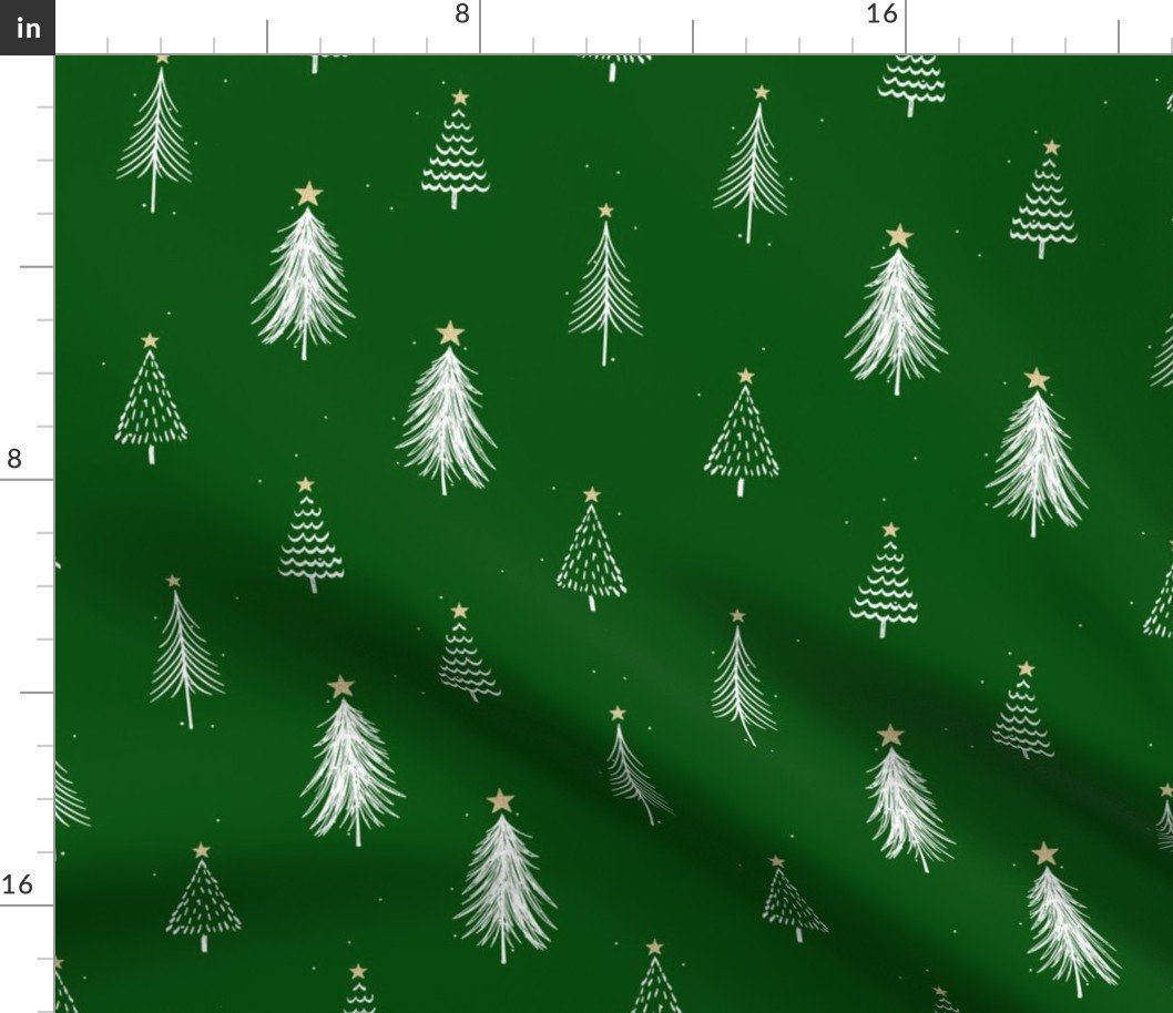 Festive Sketches of White Christmas Trees with Snow and Gold Stars on  Forest Green Fabric