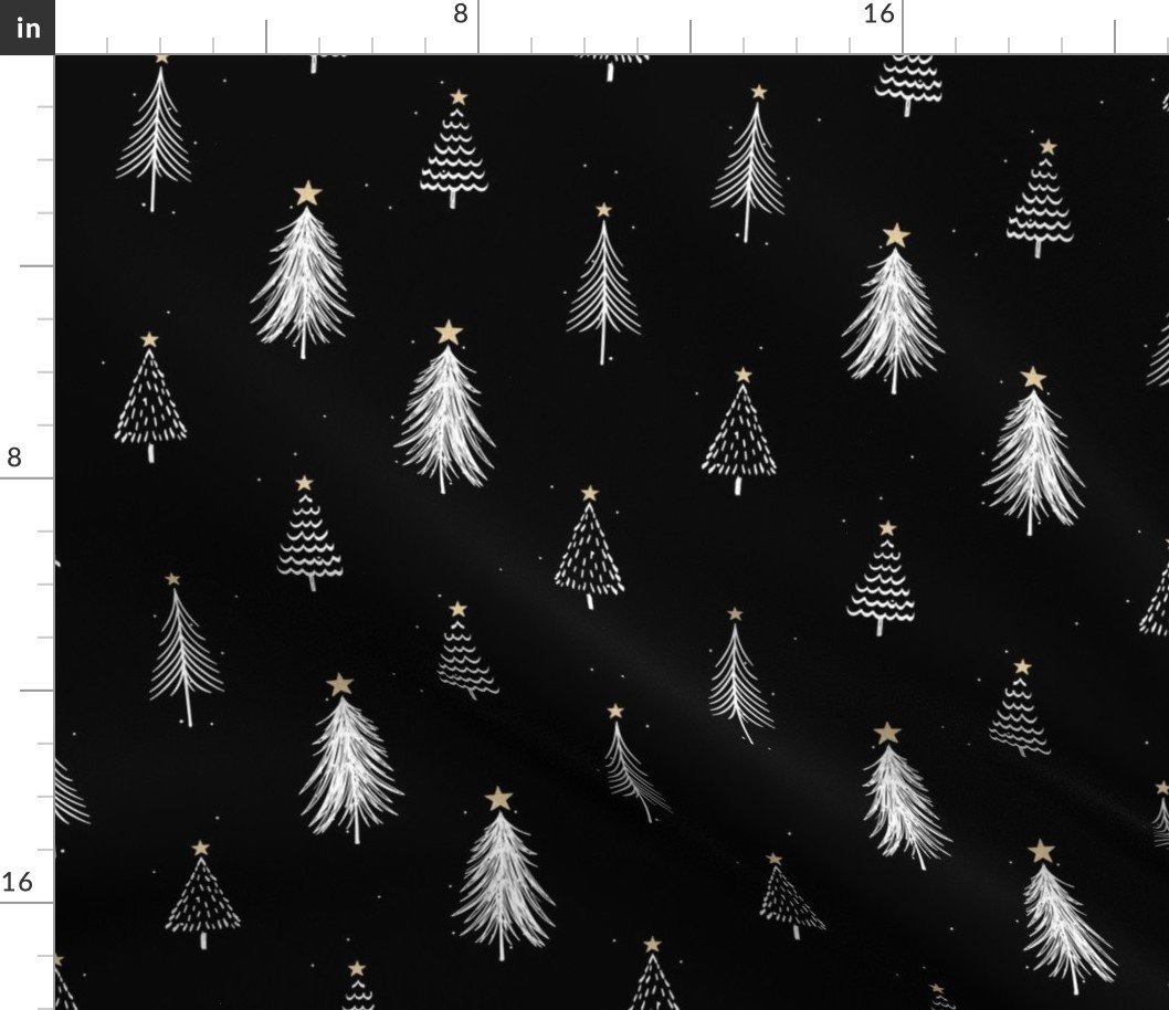 Festive Sketches of White Christmas Trees with Snow and Gold Stars on  Night Black Fabric