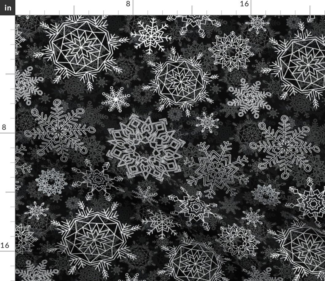 Festive White Christmas Holiday Snowflakes on Night Black Fabric Festive White Christmas Holiday Snowflakes on Night Black Fabric