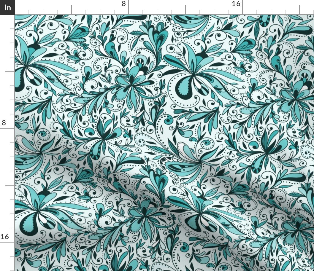 Floral Doodles Seamless Repeat Pattern in Aqua Blue Fabric Floral Doodles Seamless Repeat Pattern in Aqua Blue Fabric