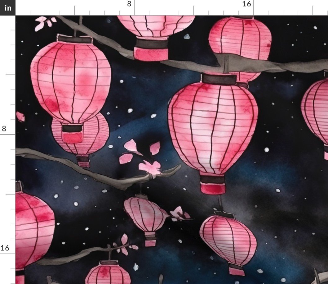 Glowing Chinese Paper Lanterns Watercolor Fabric Glowing Chinese Paper Lanterns Watercolor Fabric