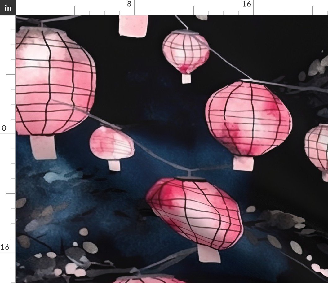 Glowing Chinese Paper Lanterns Watercolor Fabric Glowing Chinese Paper Lanterns Watercolor Fabric