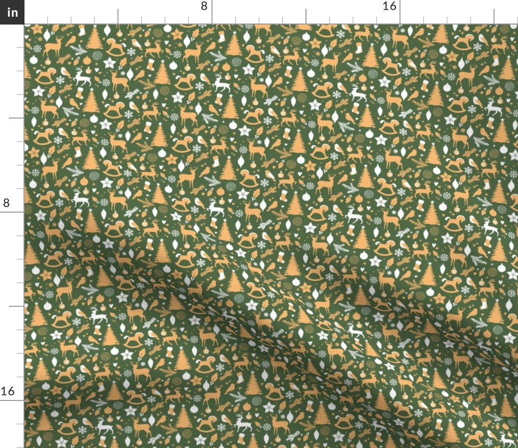 Golden Christmas Trees, Reindeer, Birds and Rocking Horses on Fir Tree Green Fabric