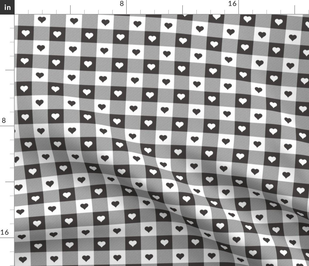 Graphite and White Gingham Check with Center Heart Medallions in Graphite and White Fabric Graphite and White Gingham Check with Center Heart Medallions in Graphite and White Fabric