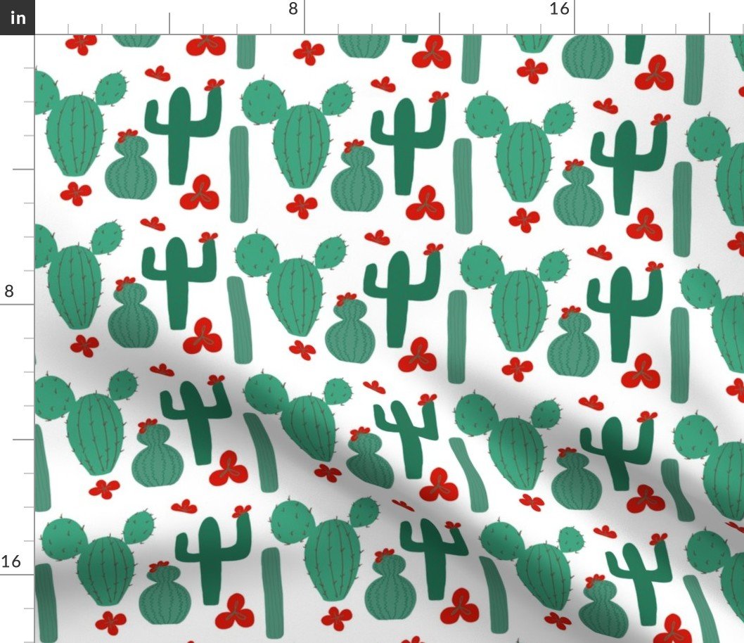 Green Cactus Shapes with Red Cactus Flowers Fabric Green Cactus Shapes with Red Cactus Flowers Fabric