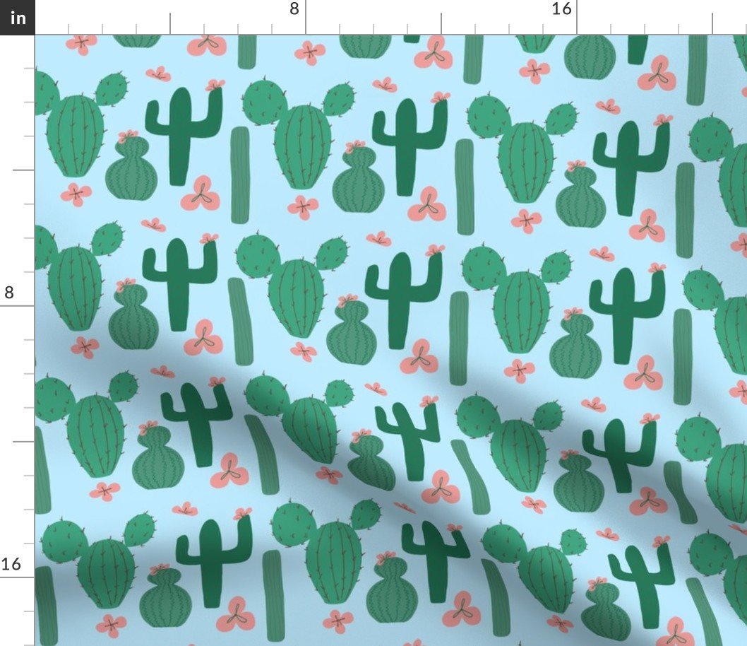 Green Cactus on Pale Blue with Pink Cactus Flowers Fabric Green Cactus on Pale Blue with Pink Cactus Flowers Fabric