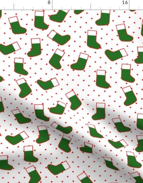 Green Christmas Stockings with Red Dots on White Fabric