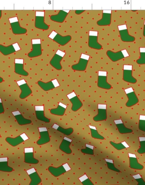 Green Christmas Stockings with Red  Dots on Gold Fabric