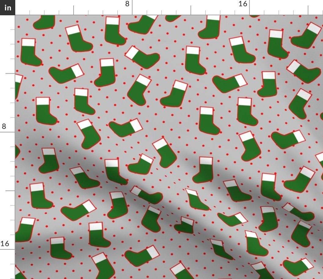Green Christmas Stockings with Red Dots on Silver Fabric Green Christmas Stockings with Red Dots on Silver Fabric