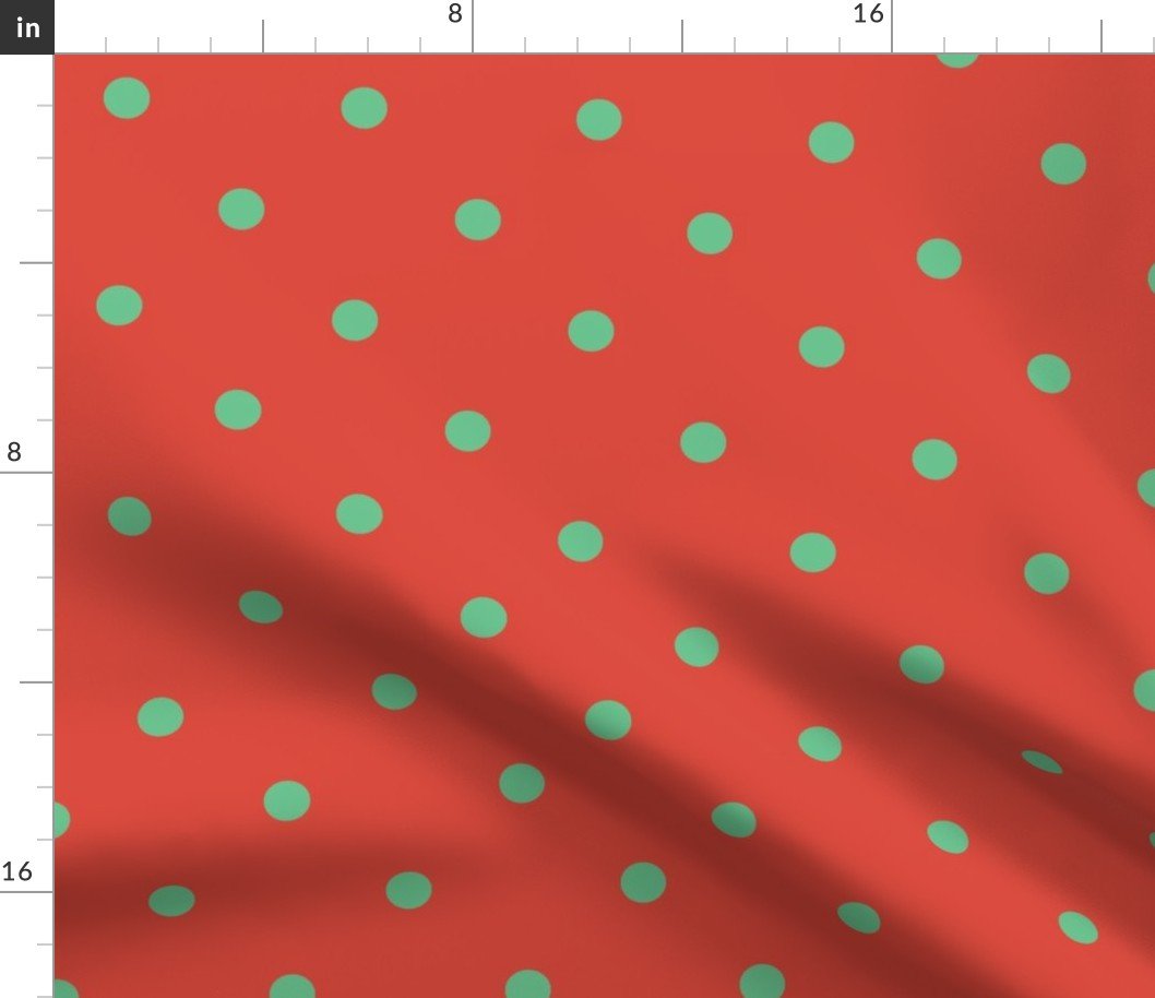 Green Polka Dots on Vintage Christmas Red Vermillion Fabric