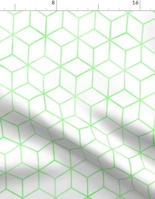 Green and White  Faux Metallic Silver Art Deco 3D Geometric Cubes Fabric