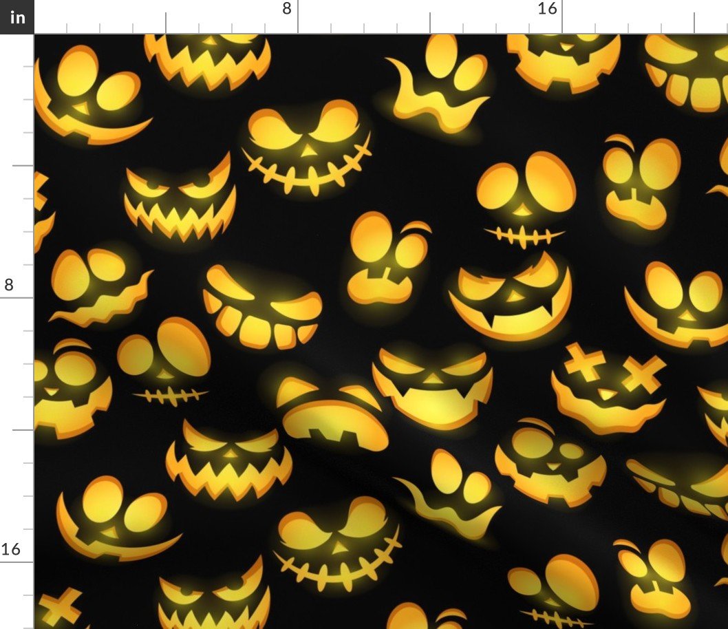 Grinning Halloween Jack o Lantern Faces in Orange on Black Fabric Grinning Halloween Jack o Lantern Faces in Orange on Black Fabric