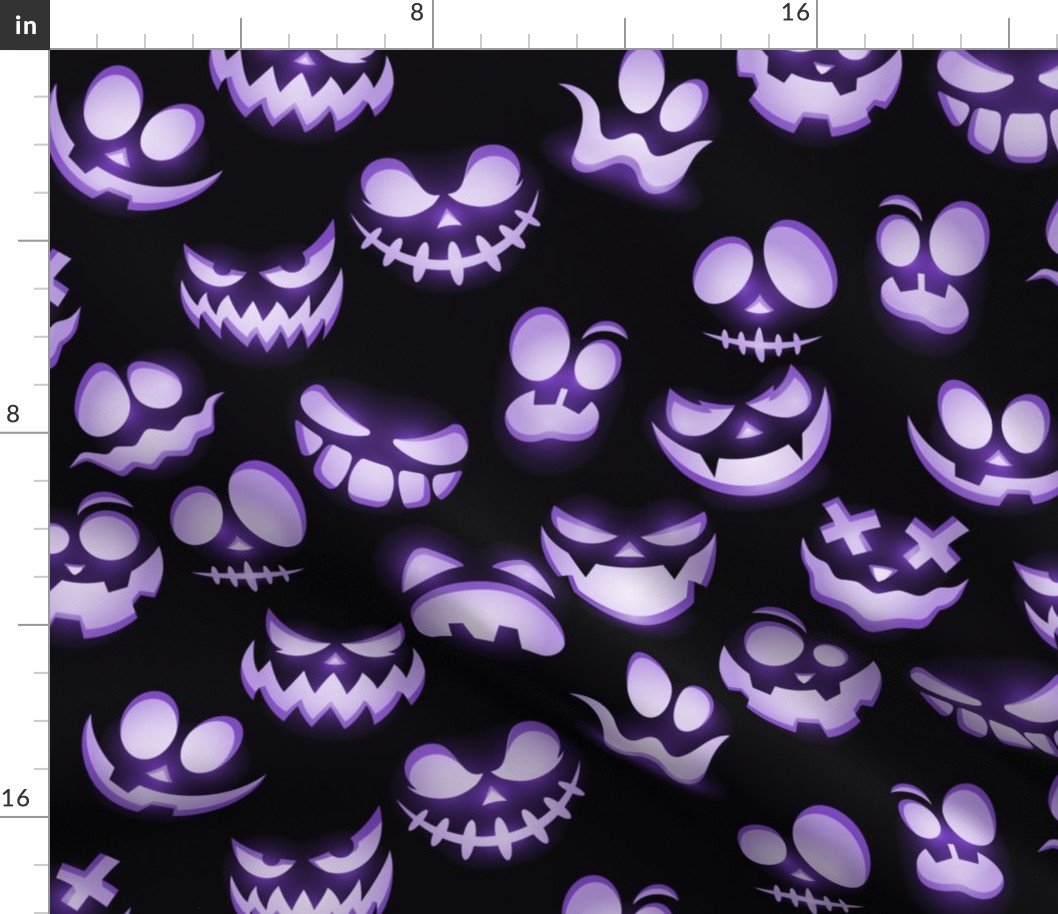 Grinning Halloween Jack o Lantern Faces in Purple on Black Fabric Grinning Halloween Jack o Lantern Faces in Purple on Black Fabric