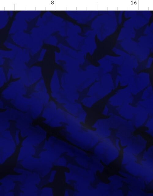 Hammerhead Sharks in Dark Silhouette Circling in Dark Blue Water Fabric