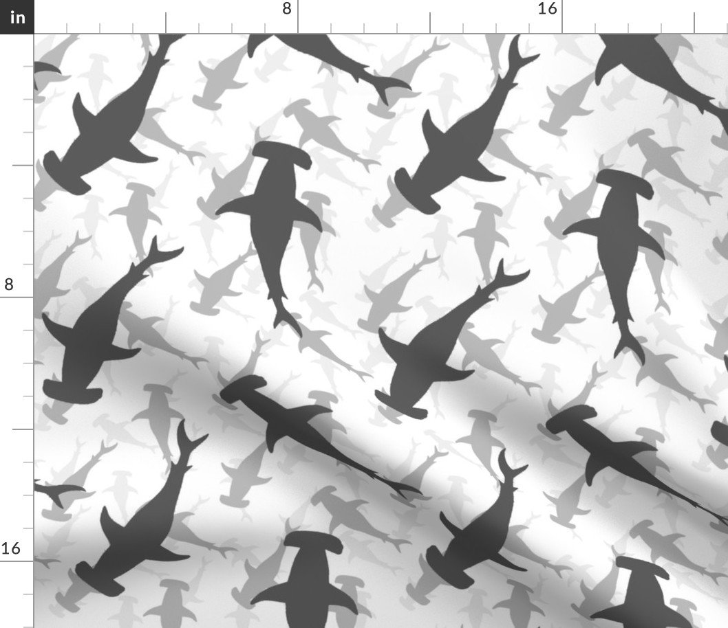 Hammerhead Sharks in Grey Silhouette Circling on White Fabric Hammerhead Sharks in Grey Silhouette Circling on White Fabric