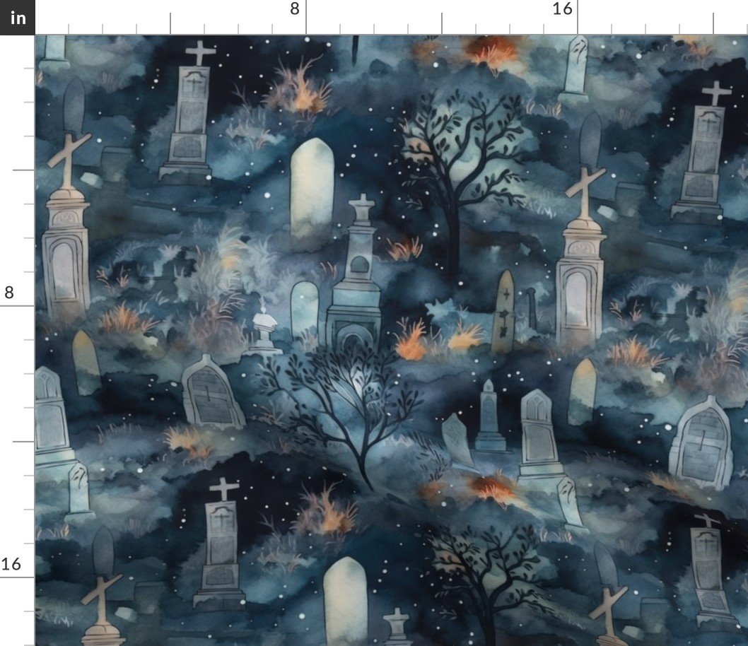 Haunted Cemetary and Night Mist Moonlight with Ghosts Fabric Haunted Cemetary and Night Mist Moonlight with Ghosts Fabric