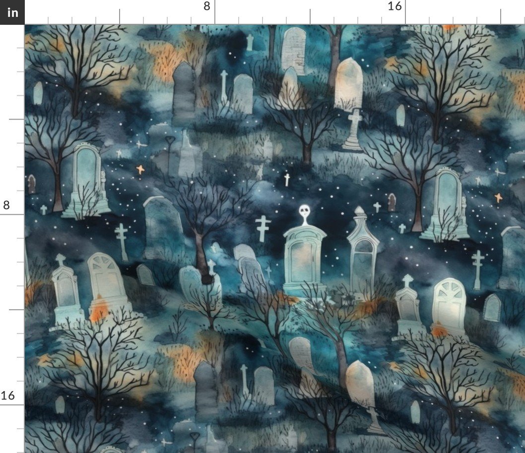 Haunted Graveyard and Night Mist Blue Moonlight with Ghosts Fabric Haunted Graveyard and Night Mist Blue Moonlight with Ghosts Fabric