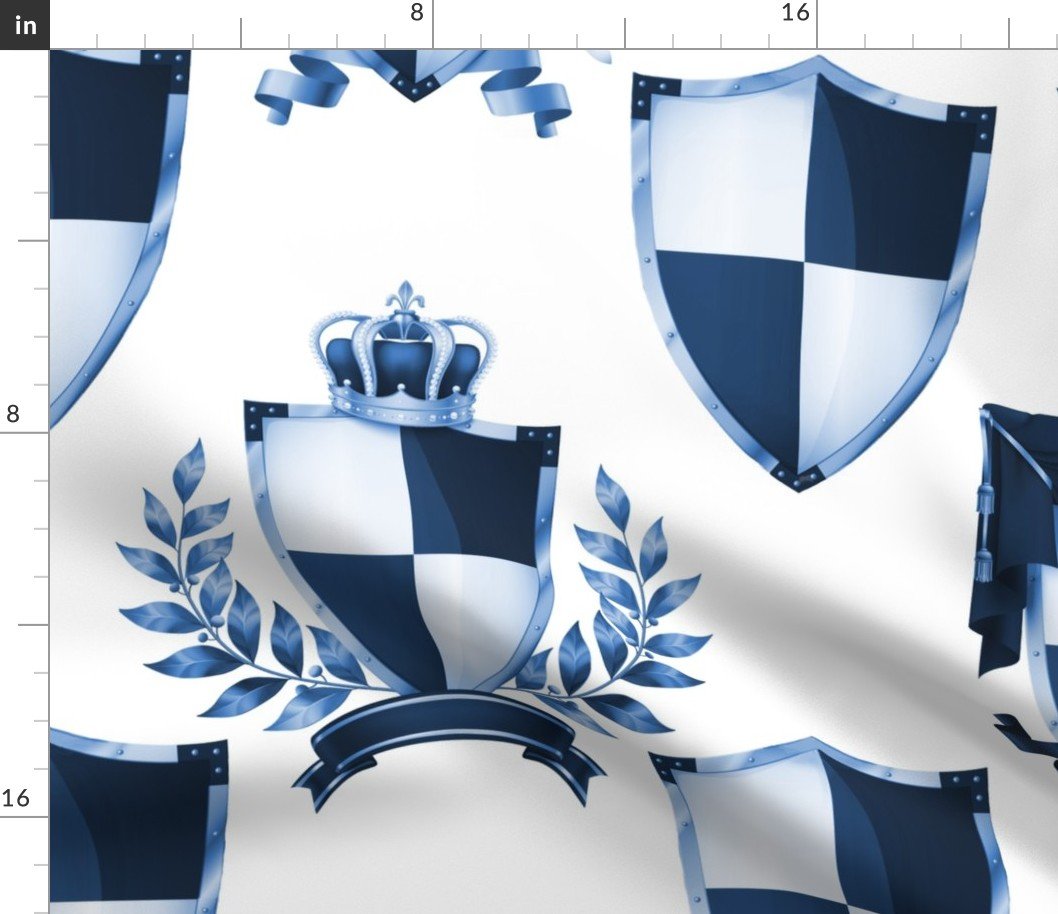 Heraldry Shields with Royal Crowns and Banners in Blue on White Fabric