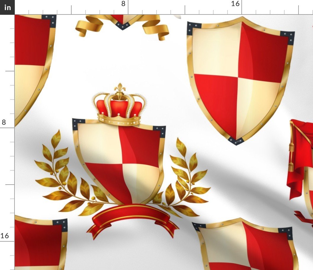 Heraldry Shields with Royal Crowns and Banners in Red on White Fabric