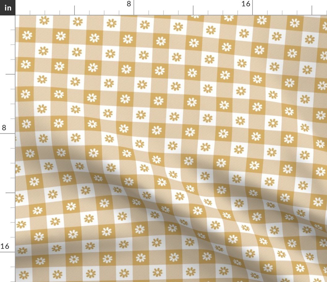 Honey  and White Gingham Floral Check with Center Floral Medallions in Honey and White Fabric
