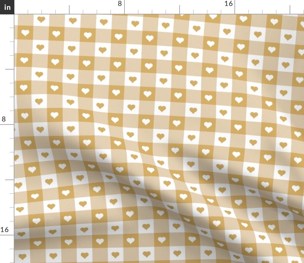 Honey and White Gingham Valentines Check with Center Heart Medallions in Honey and White Fabric