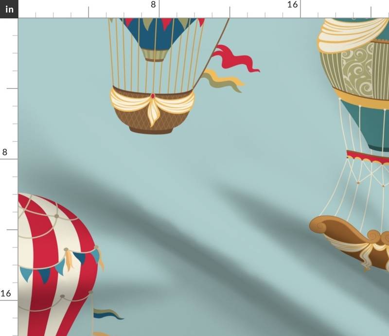 Huge Festooned Hot Air Balloons on Sky Blue Fabric Huge Festooned Hot Air Balloons on Sky Blue Fabric