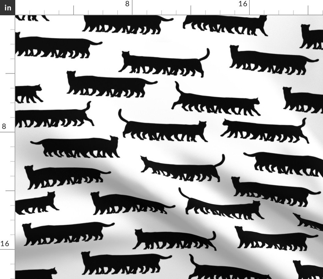 Humorous and Fun Black Cat Multiped Caterpillar Repeat on White Fabric