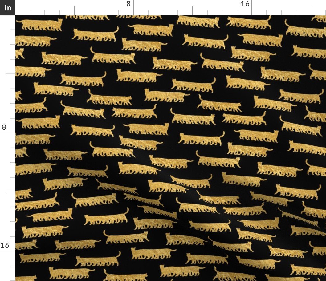 Humorous and Fun Faux-Foil Gold Cat Multiped Caterpillar Repeat on Black Fabric