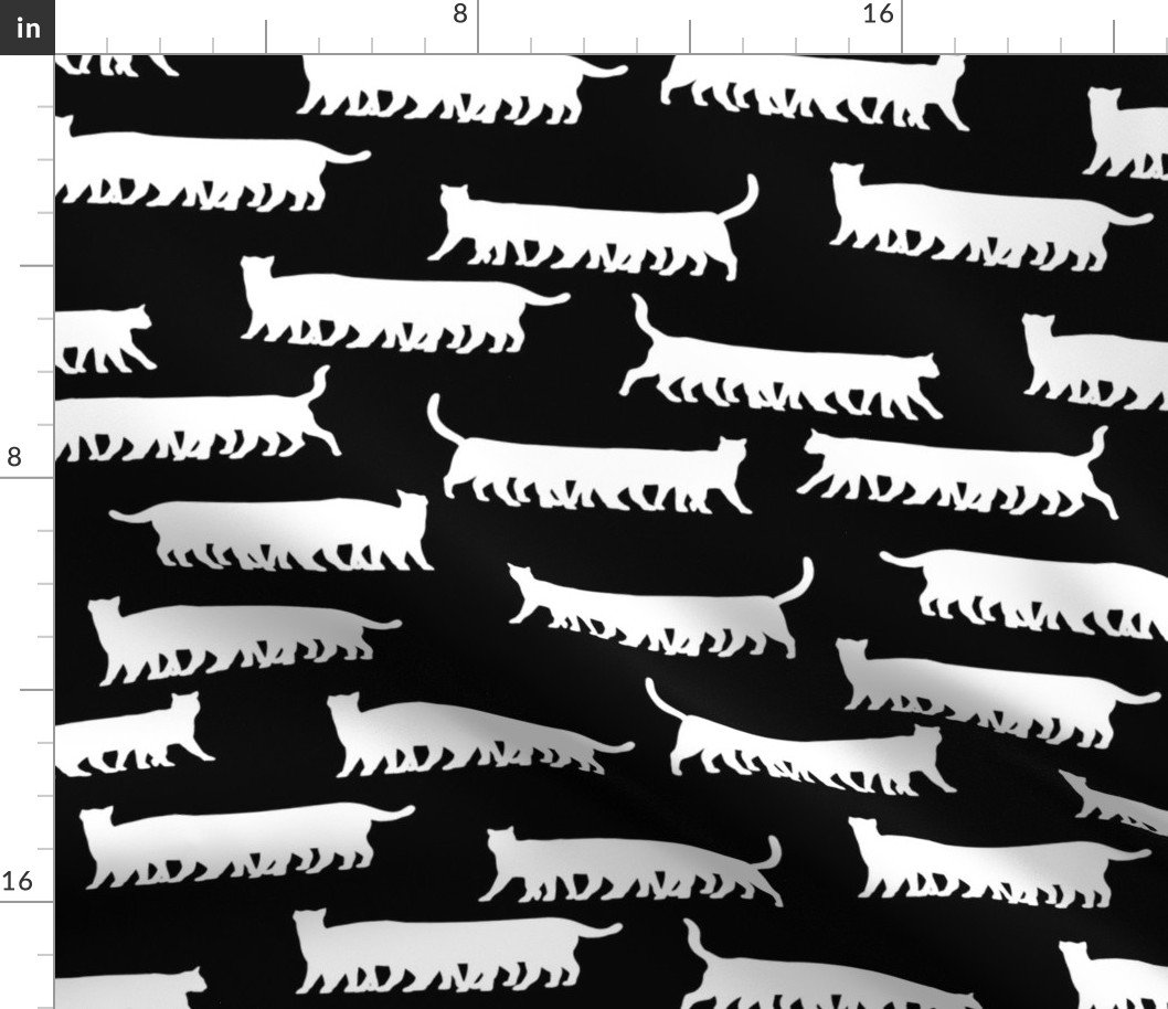 Humorous and Fun White Cat Multiped Caterpillar Repeat on Black Fabric