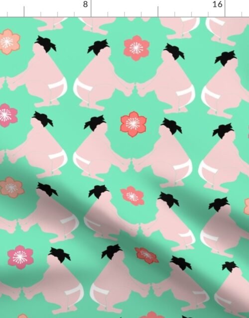 Japanese Sumo Wrestlers  in the Ring on Mint Fabric
