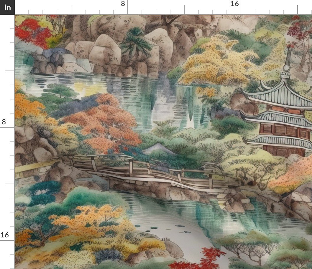 Japanese Water Garden Watercolor with Temples Fabric