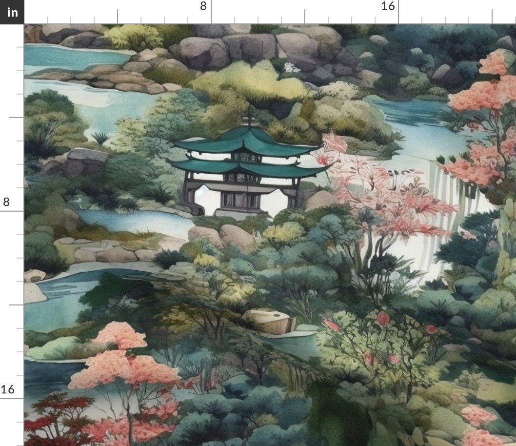 Japanese Water Garden Watercolor with Temples Fabric