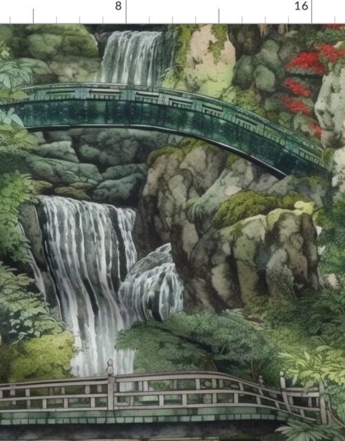 Japanese Water Garden with Waterfalls Fabric