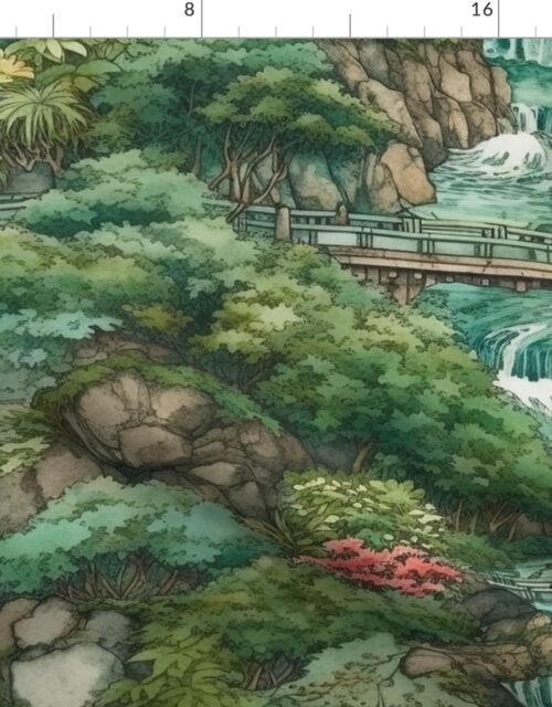 Japanese Water Garden with Waterfalls Fabric
