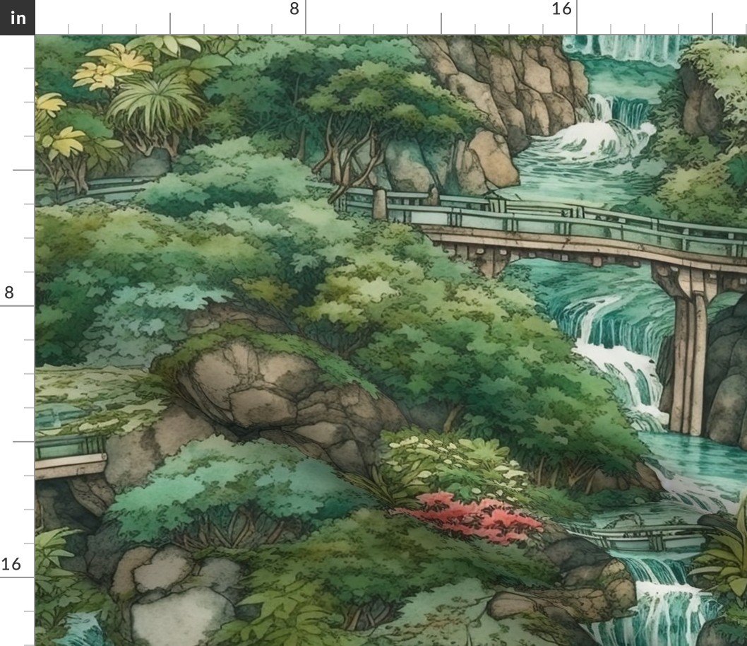Japanese Water Garden with Waterfalls Fabric Japanese Water Garden with Waterfalls Fabric