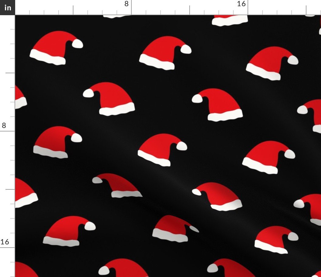 Jolly Old Saint Nick Red Santa Christmas Hats on Night Black Fabric Jolly Old Saint Nick Red Santa Christmas Hats on Night Black Fabric
