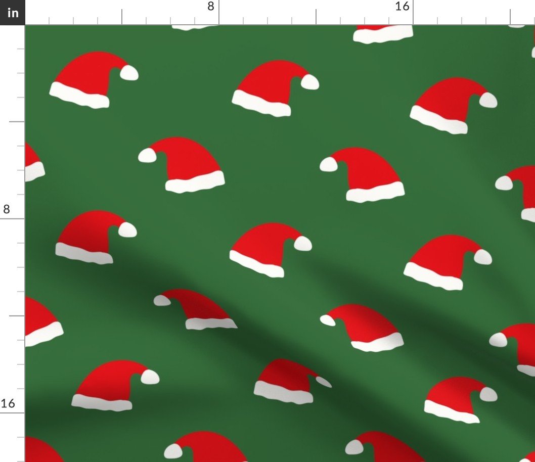 Jolly Old Saint Nick Red Santa Christmas Hats on Tree Green Fabric Jolly Old Saint Nick Red Santa Christmas Hats on Tree Green Fabric