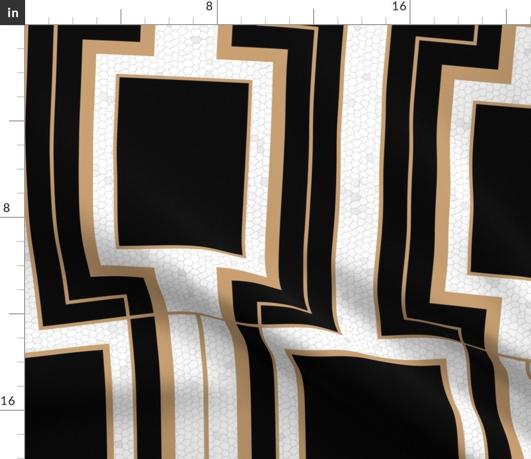 Jumbo Art Deco Geometric Rectangles in Black and Faux Gold with Off-White Eggshell Craquelure Pattern Fabric