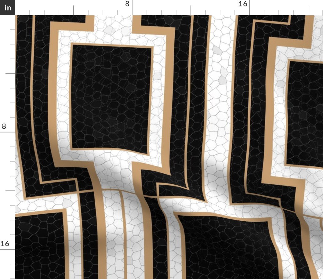 Jumbo Art Deco Geometric Rectangles in Cracked Black and Faux Gold with Off-White Eggshell Craquelure Pattern Fabric Jumbo Art Deco Geometric Rectangles in Cracked Black and Faux Gold with Off-White Eggshell Craquelure Pattern Fabric