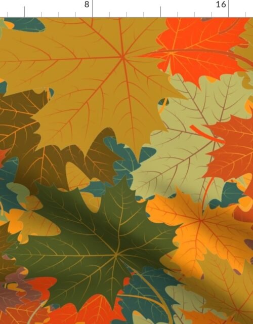 Jumbo Autumn Leaves Scattered in Gold, Red, Brown and Green Fabric