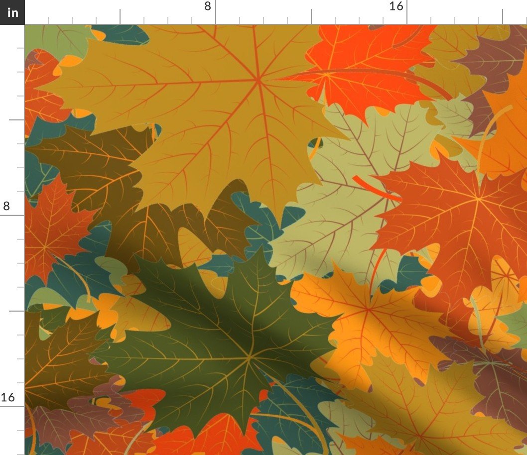 Jumbo Autumn Leaves Scattered in Gold, Red, Brown and Green Fabric Jumbo Autumn Leaves Scattered in Gold, Red, Brown and Green Fabric