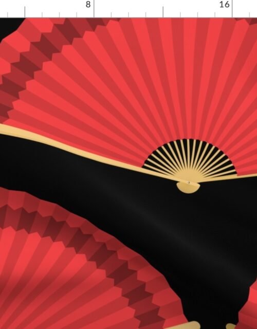 Jumbo Chinese Red Splayed Fans on Black Fabric