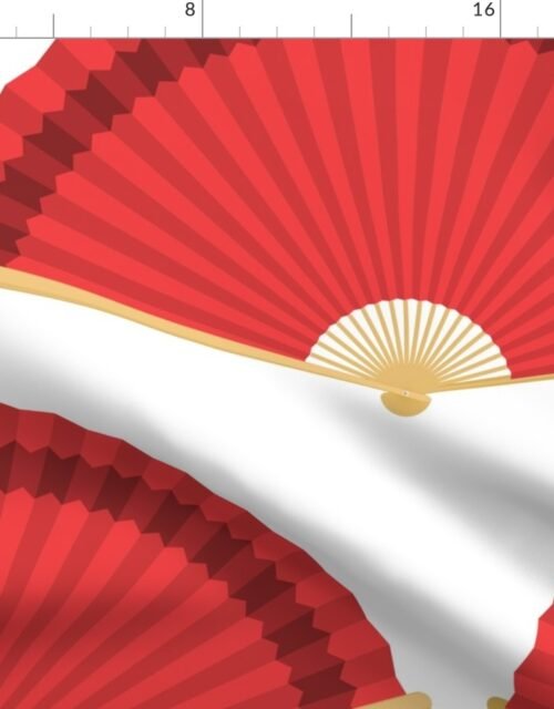 Jumbo Chinese Red Splayed Fans on White Fabric
