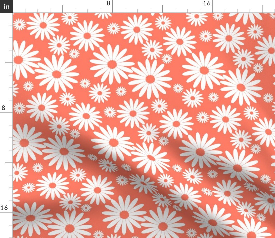 Jumbo Daisies in Neon Coral and White Fabric Jumbo Daisies in Neon Coral and White Fabric
