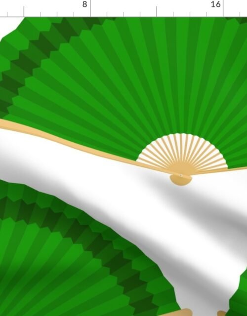 Jumbo Grass Green Splayed Fans on White Fabric